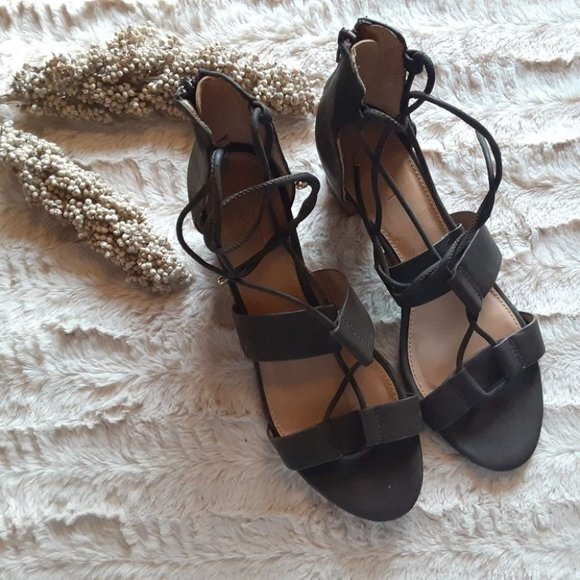 Loft Lace Up Sandals 8.5M Dark Brown Faux Leather Gladiator Stacked Heels - Picture 1 of 10